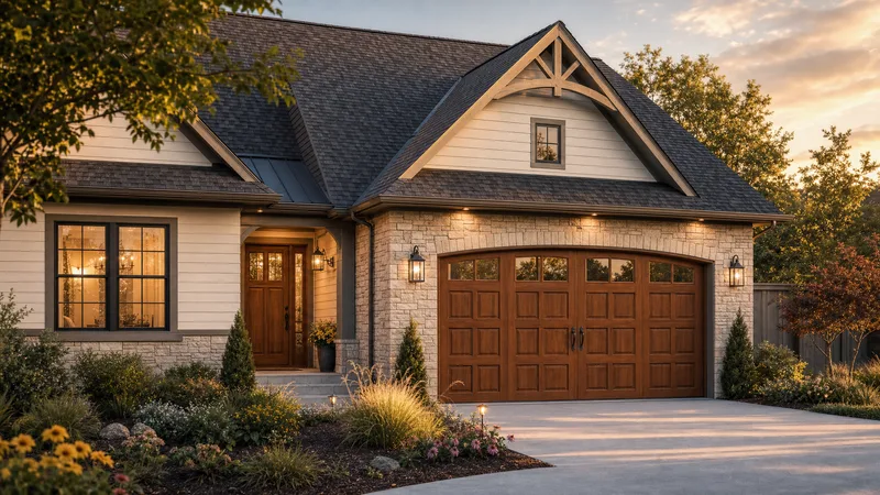 Craftsman-style home with a wood-look carriage garage door