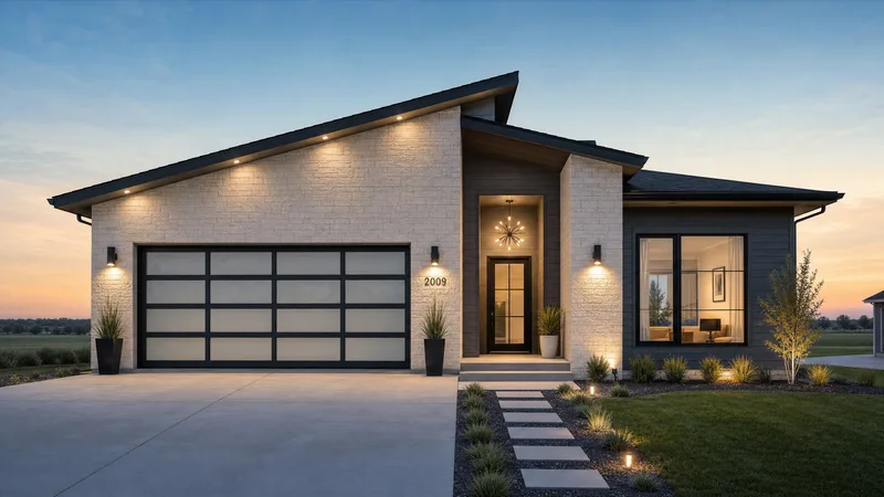 Modern home with a flush-panel garage door and horizontal windows