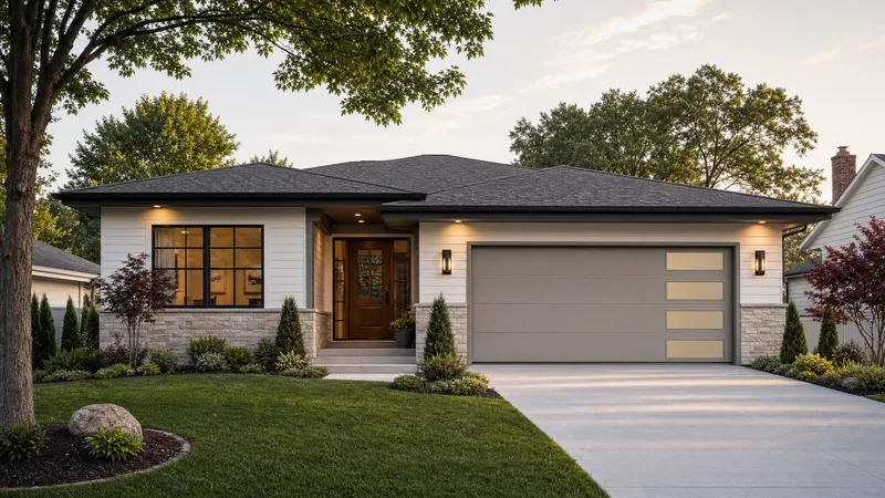 Ranch-style home with a clean white garage door, typical of Kearney neighborhoods